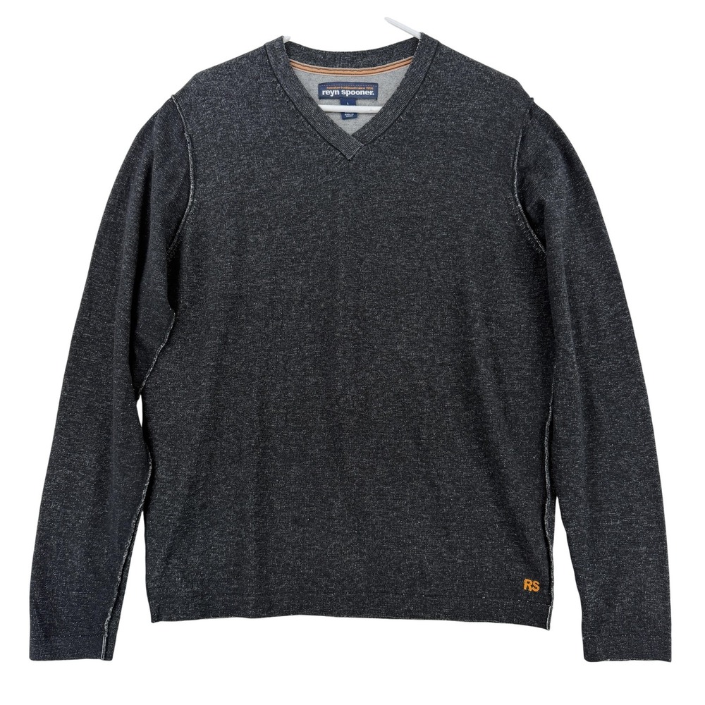 Reyn Spooner Sweater Mens Large Gray 100% Cotton V Neck Knit Pullover RS Logo